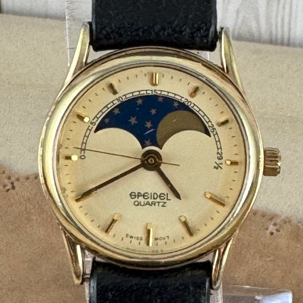 Vintage Speidel Moon Phase Unisex Watch New Speidel Black Leather Strap